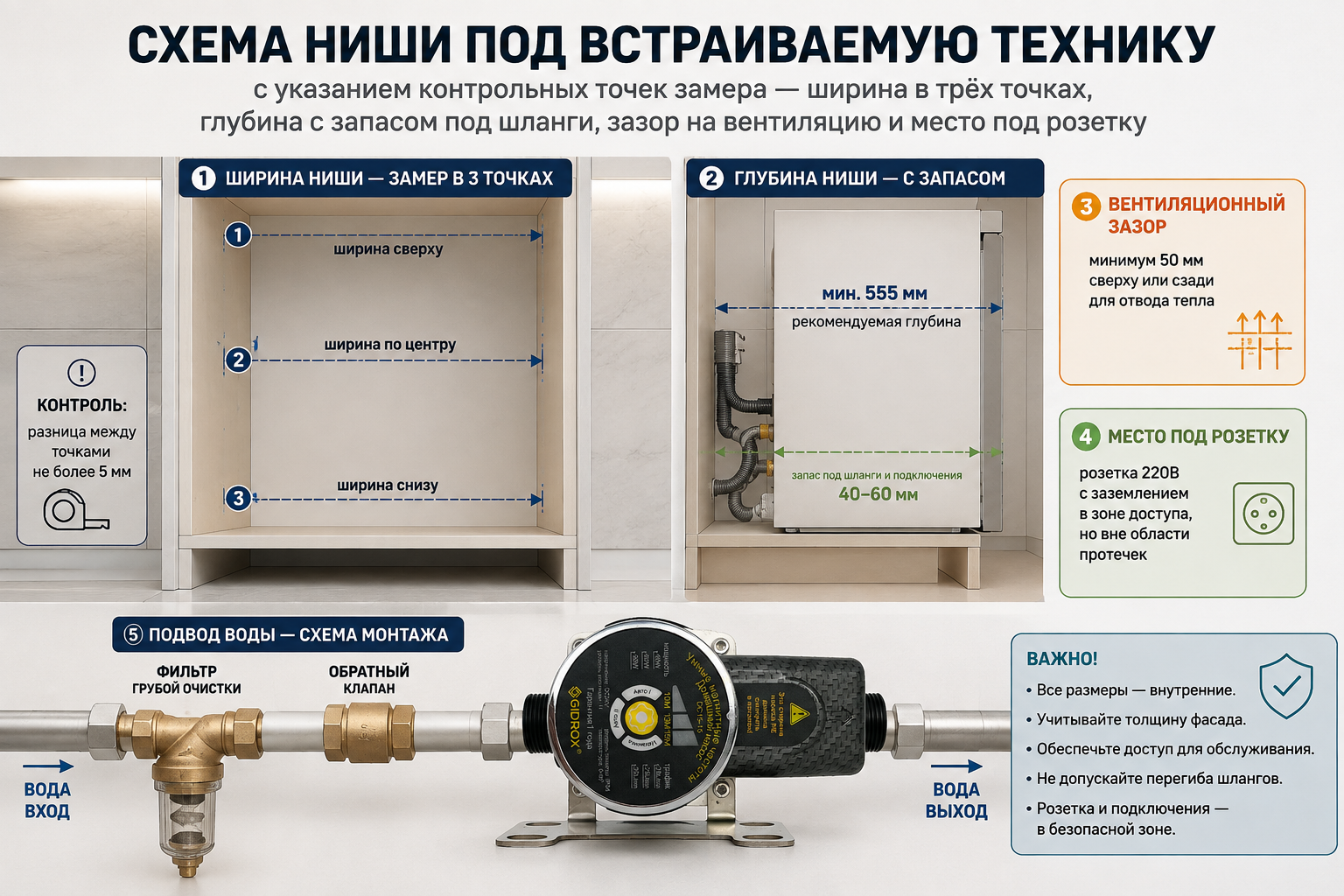 Схема ниши под встраиваемую технику с указанием контрольных точек замера — ширина в трёх точках, глубина с запасом под шланги, зазор на вентиляцию и место под розетку