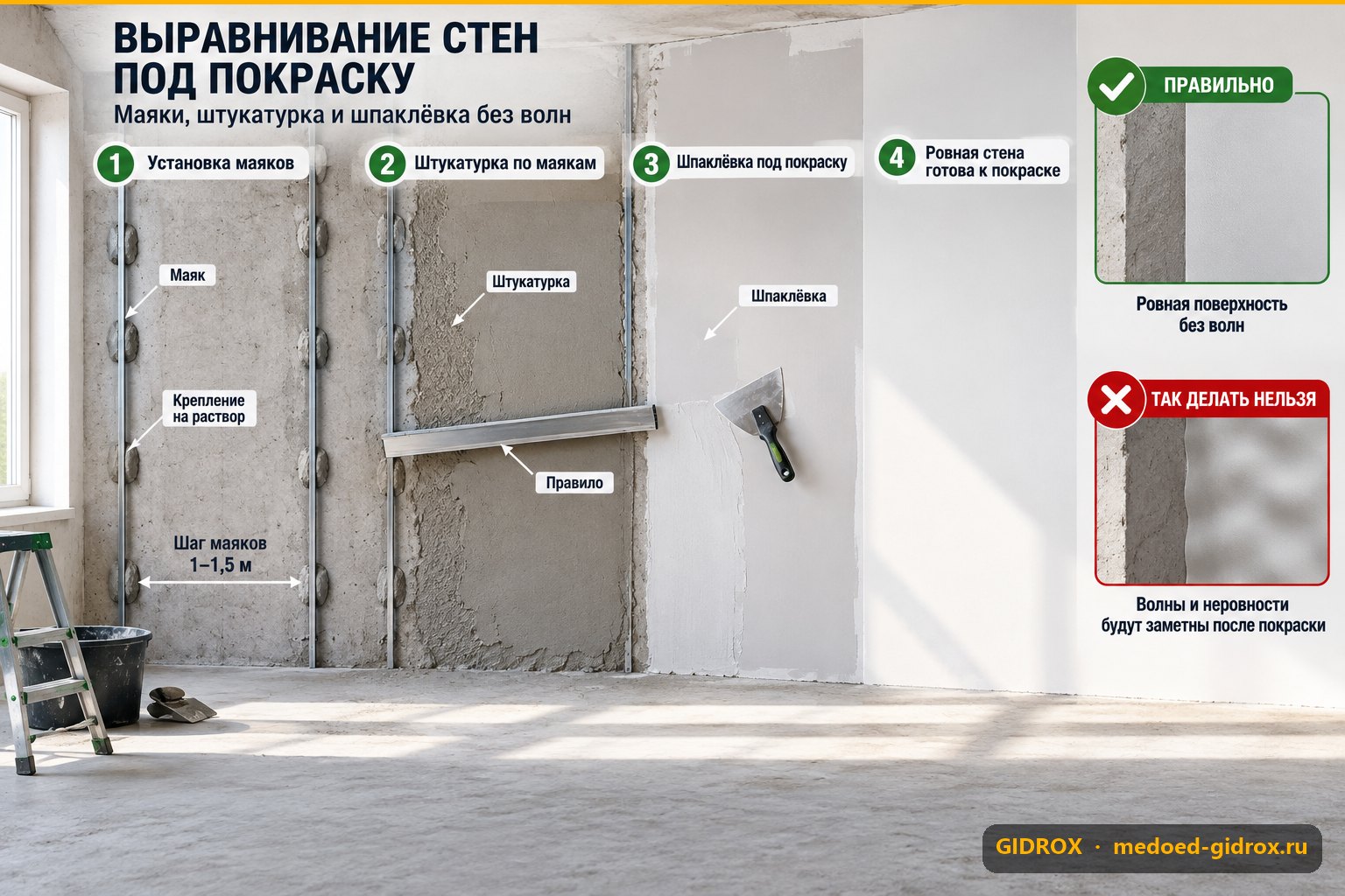 Выравнивание стен под покраску: маяки, штукатурка и шпаклёвка без волн