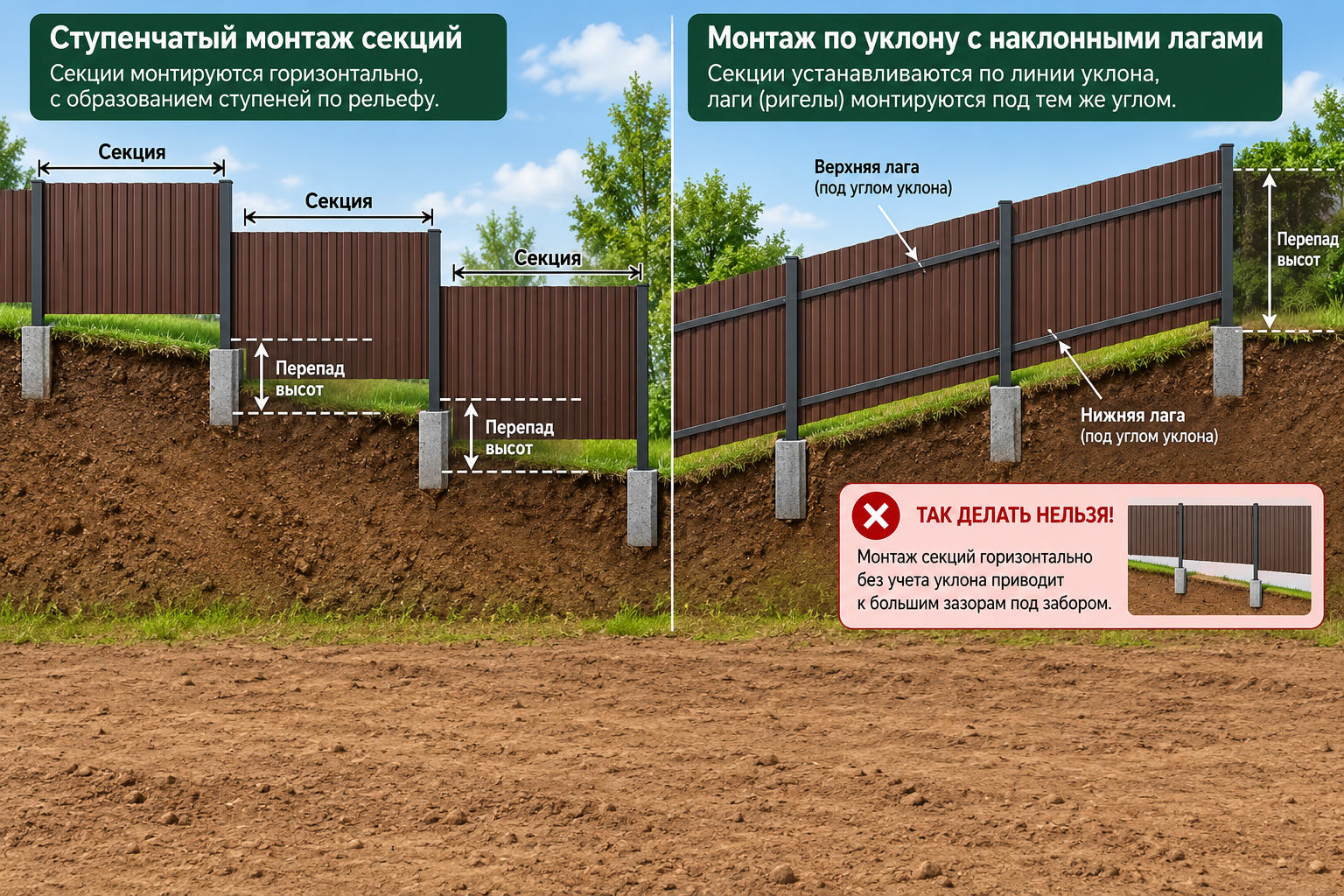 Наглядная схема двух способов монтажа забора на склоне — ступенчатый монтаж секций и монтаж по уклону с наклонными лагами, вид сбоку с указанием перепада высот