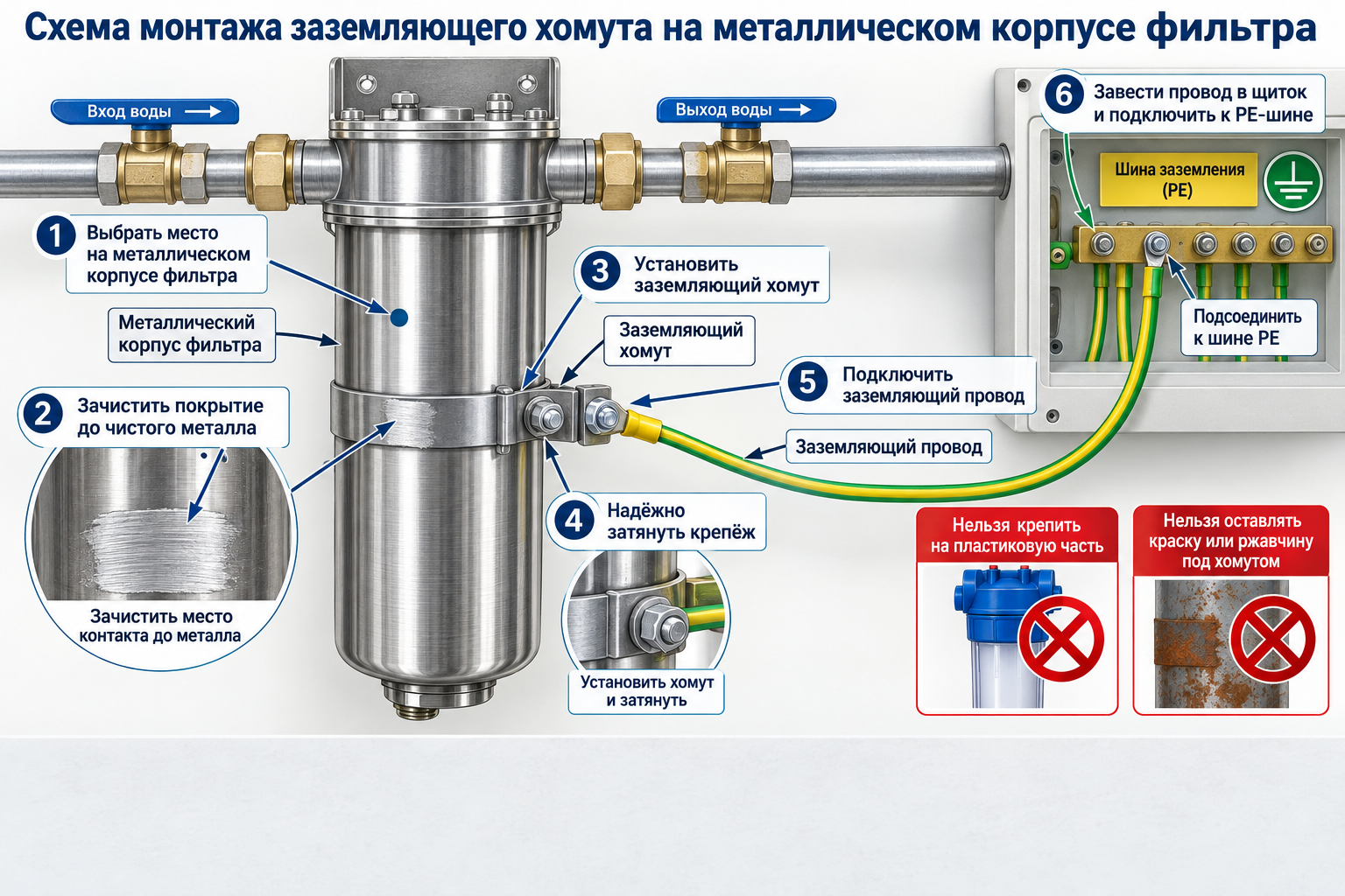 Схема монтажа заземляющего хомута на металлическом корпусе фильтра с проводом, уходящим к щитку заземления, и подписанными шагами затяжки и зачистки контакта.
