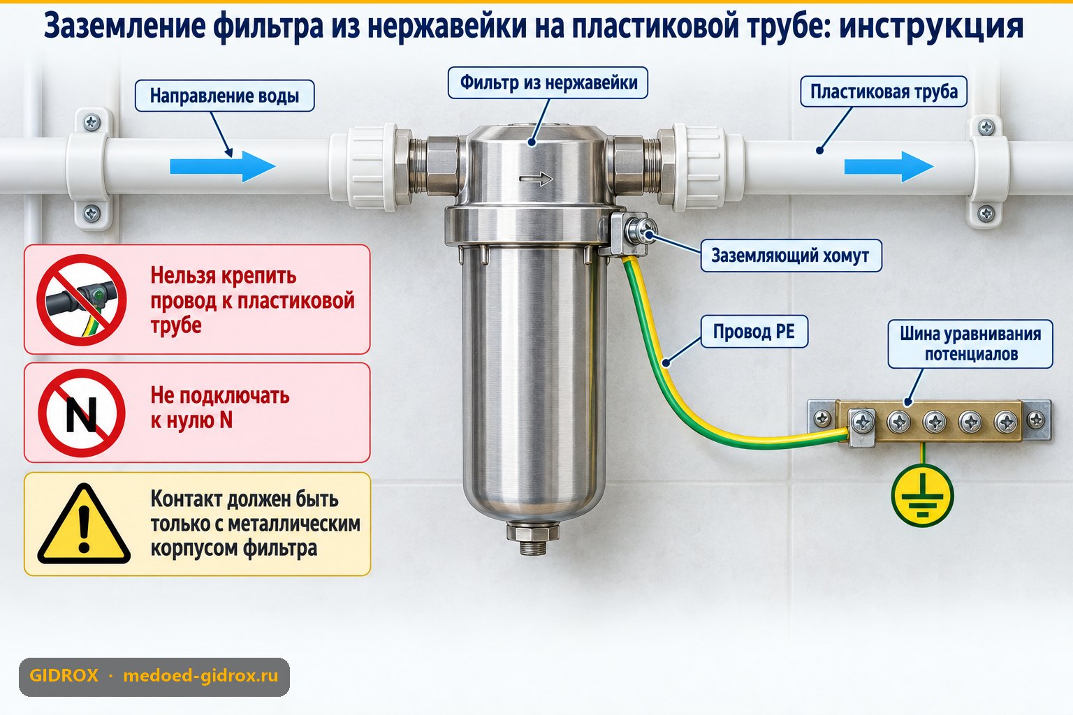Заземление фильтра из нержавейки на пластиковой трубе: инструкция