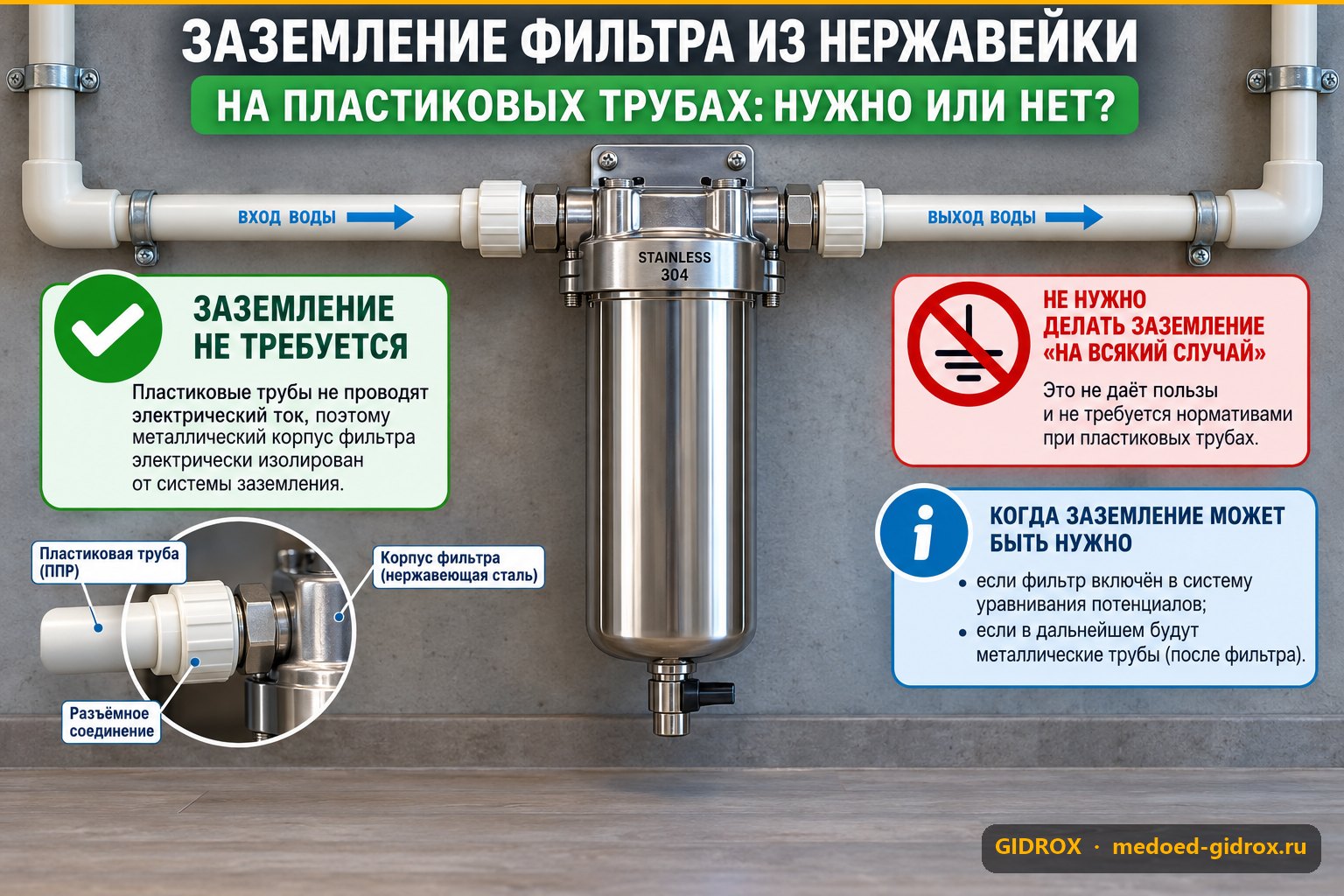 Заземление фильтра из нержавейки на пластиковых трубах: нужно или нет